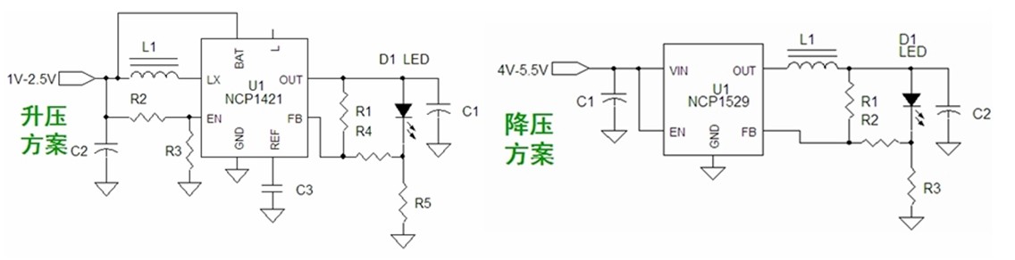 圖7:基于NCP1421的升壓型和基于NCP1529的降壓型1-3 W手電筒LED應用