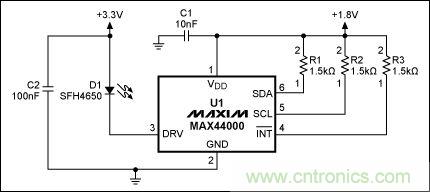 圖2:MAX44000典型電路,帶有發射器旁路