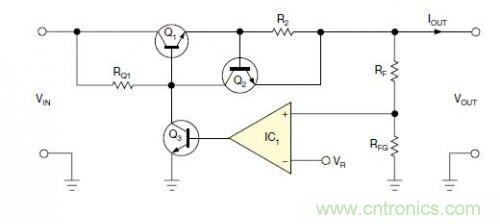 圖1:一個標準的線性穩(wěn)壓器直接將反饋連接到串聯(lián)導通晶體管上。