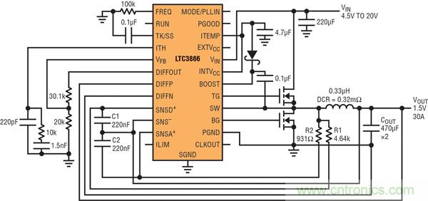 圖2：以非常低的DCR完成采樣的高效率、1.5V/30A降壓型轉換器