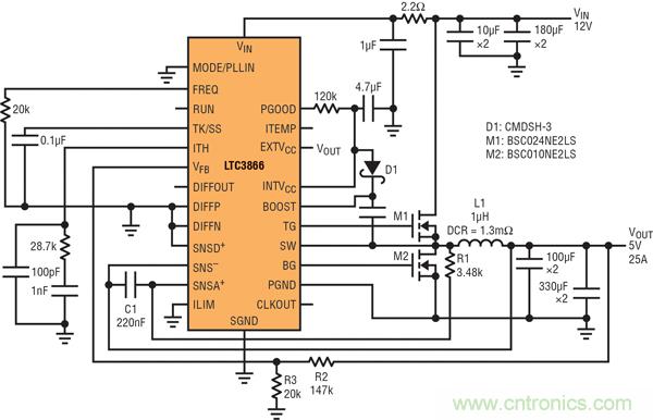 圖9：高效率電源，12V輸入至5V/25A輸出