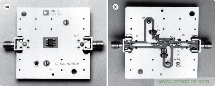 圖14. AD8001AR評估板&mdash;俯視圖(a)和仰視圖(b)。