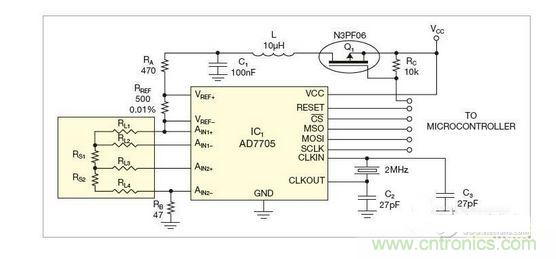 測量電路測三個點的值,微控制器就可以計算出傳感器值