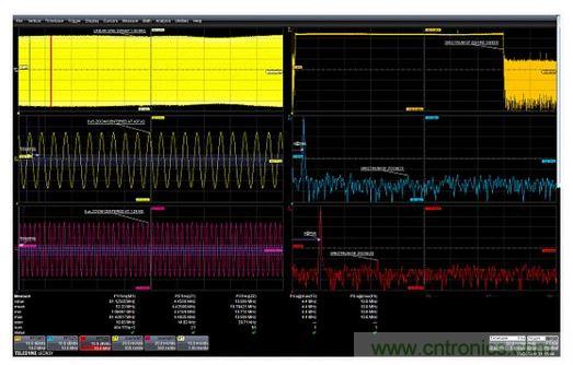 使用縮放功能選通FFT的例子。在437μs和1.42ms處采集的兩個5μs縮放波形顯示了作為時間函數的頻率的差別。