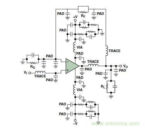 典型的運算放大器電路,(a)原設計圖,(b)考慮寄生效應后的圖
