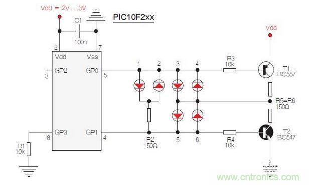 測試選擇PIC10F200,固件以兩個(gè)獨(dú)立、簡單的匯編程序源代碼的方式提供。