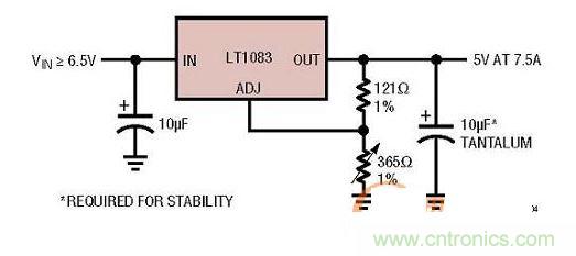 集成型線性穩壓器實例:只有3個引腳的7.5A線性穩壓器。