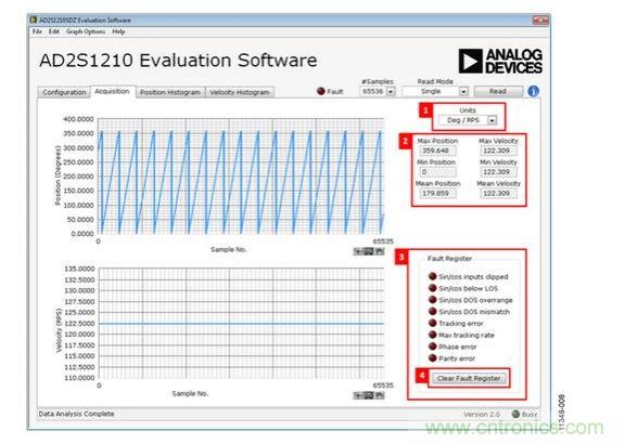 評估軟件輸出顯示——采集選項卡中的位置和速度數據