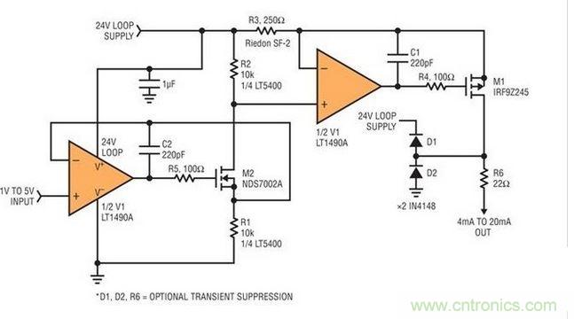 圖1:精確匹配的電阻器提供準確的電壓至電流轉換