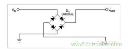 是一個橋式整流器,不論什么極性都可以正常工作,但是有兩個二極管導(dǎo)通,功耗是圖1的兩倍.