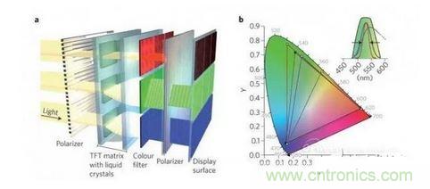  LCD顯示器示意圖。TFT表示薄膜晶體管（thin-film transistor）。