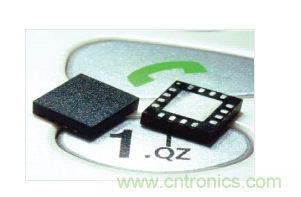  MEMS加速度計，封裝尺寸為4mm &times; 4mm &times; 1.45mm。