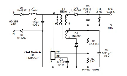 LinkSwitch-LP 系列旨在取代手機/無繩電話、PDA、數碼相機和便攜式音頻播放器等應用中輸出功率 < 2.5 W 的低效線頻線性變壓器電源。LinkSwitch-LP 還可用作白色家電等應用中的輔助電源。  LinkSwitch-LP 將高壓功率 MOSFET 開關與 ON/OFF 控制器集成在一個設備中。它完全由漏極引腳自供電，具有低 EMI 的抖動開關頻率，并且具有全面的故障保護。自動重啟可限制過載和輸出短路條件下的器件和電路耗散，而遲滯過溫保護會在熱故障期間禁用內部 MOSFET。EcoSmart 技術使設計能夠輕松實現 < 150 mW 的空載功耗，滿足能源效率要求。  LinkSwitch-LP 的設計目的是在輸出功率低于 2.5 W 時無需初級側鉗位電路，從而顯著減少組件數量和總系統成本。圖 1 顯示了基于 LinkSwitch-LP 的 2 W 電源，不帶初級側鉗位。LinkSwitch-LP 系列經過優(yōu)化，當變壓器上的輔助或偏置繞組提供反饋時，可提供近似的 CV/CC 輸出特性。這非常適合取代工頻變壓器的應用，提供兼容的輸出特性，但過載、短路電流和輸入線電壓變化較小。  　  在無鉗位設計中使用 LinkSwitch-LP 的基本電路原理圖。  快速開始  　 LinkSwitch-LP 反激式設計流程圖