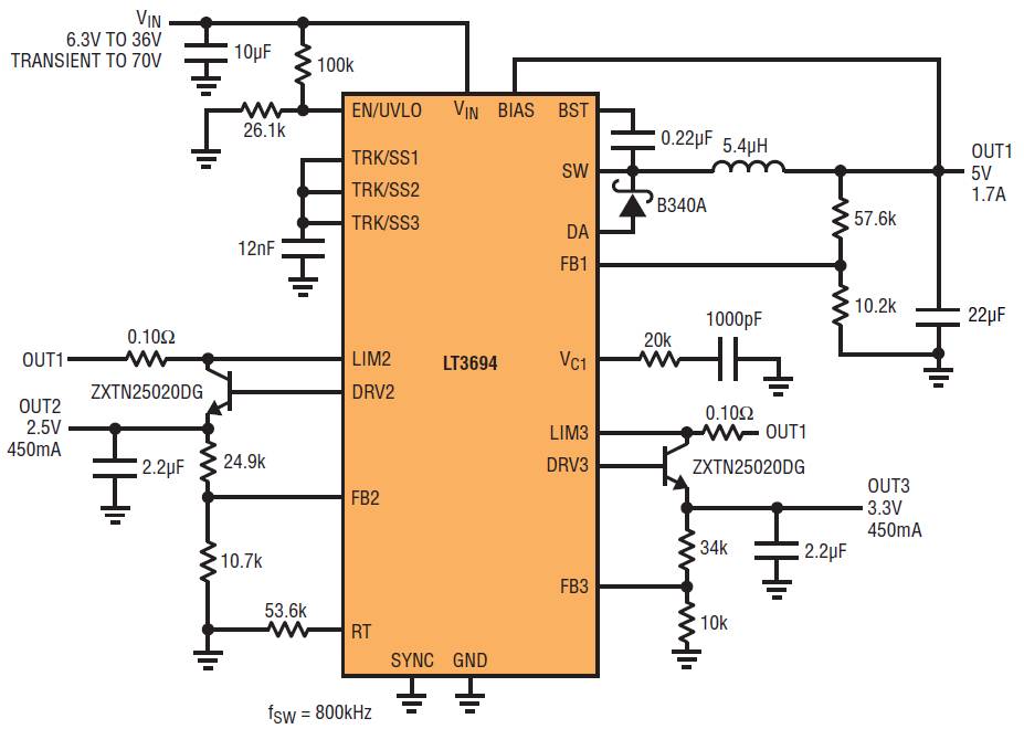 兩個低壓差線性穩(wěn)壓器創(chuàng)建極其緊湊的三路輸出解決方案 兩個低壓差線性穩(wěn)壓器創(chuàng)建極其緊湊的三路輸出解決方案